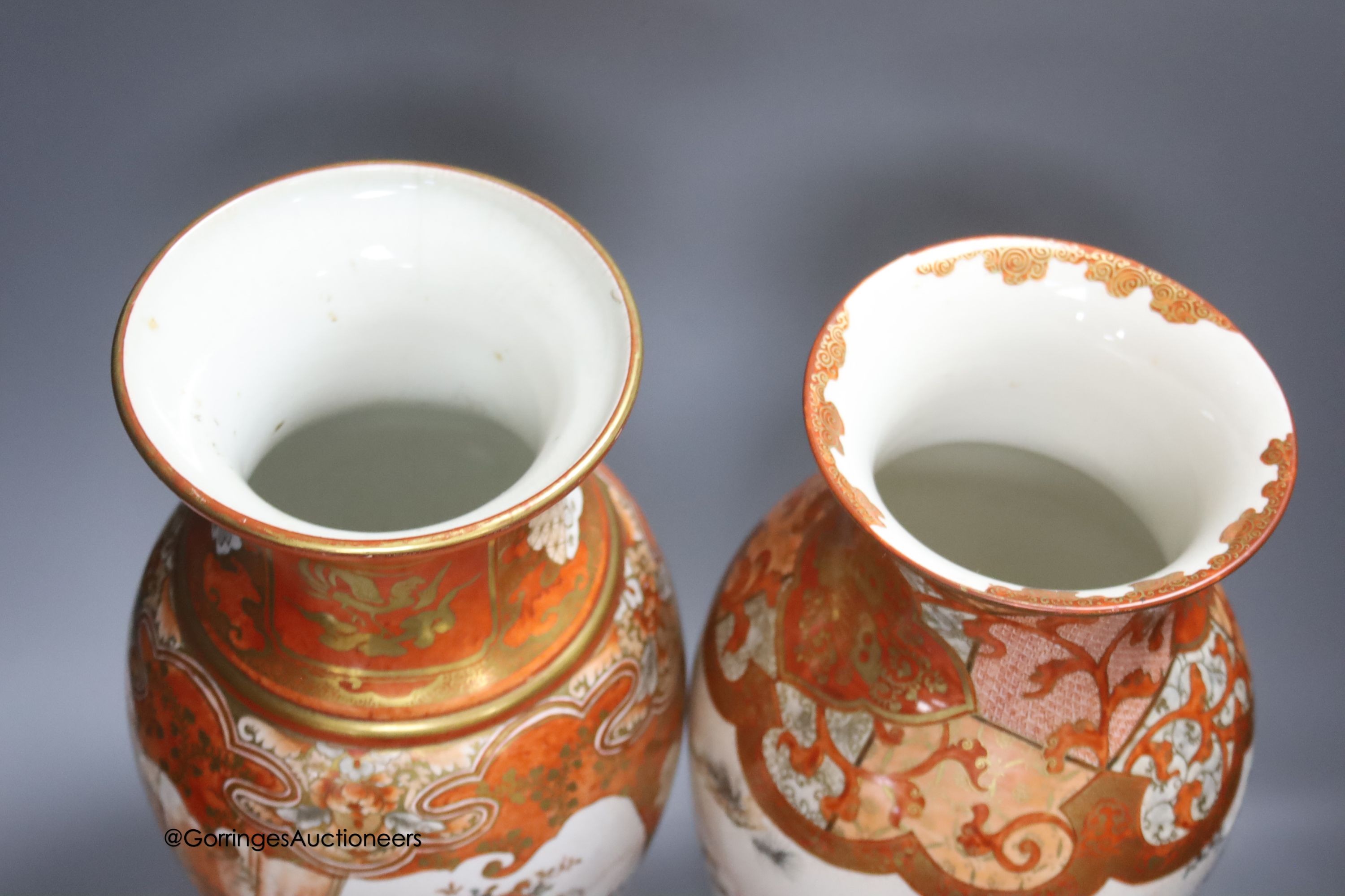 Two Japanese Kutani porcelain baluster vases, tallest 37cm